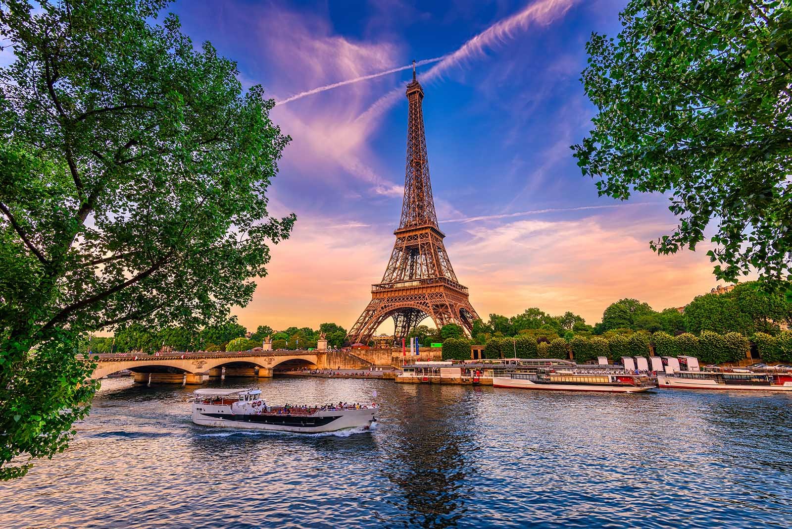 france paris seine river riverboat eiffel tower background spring 1